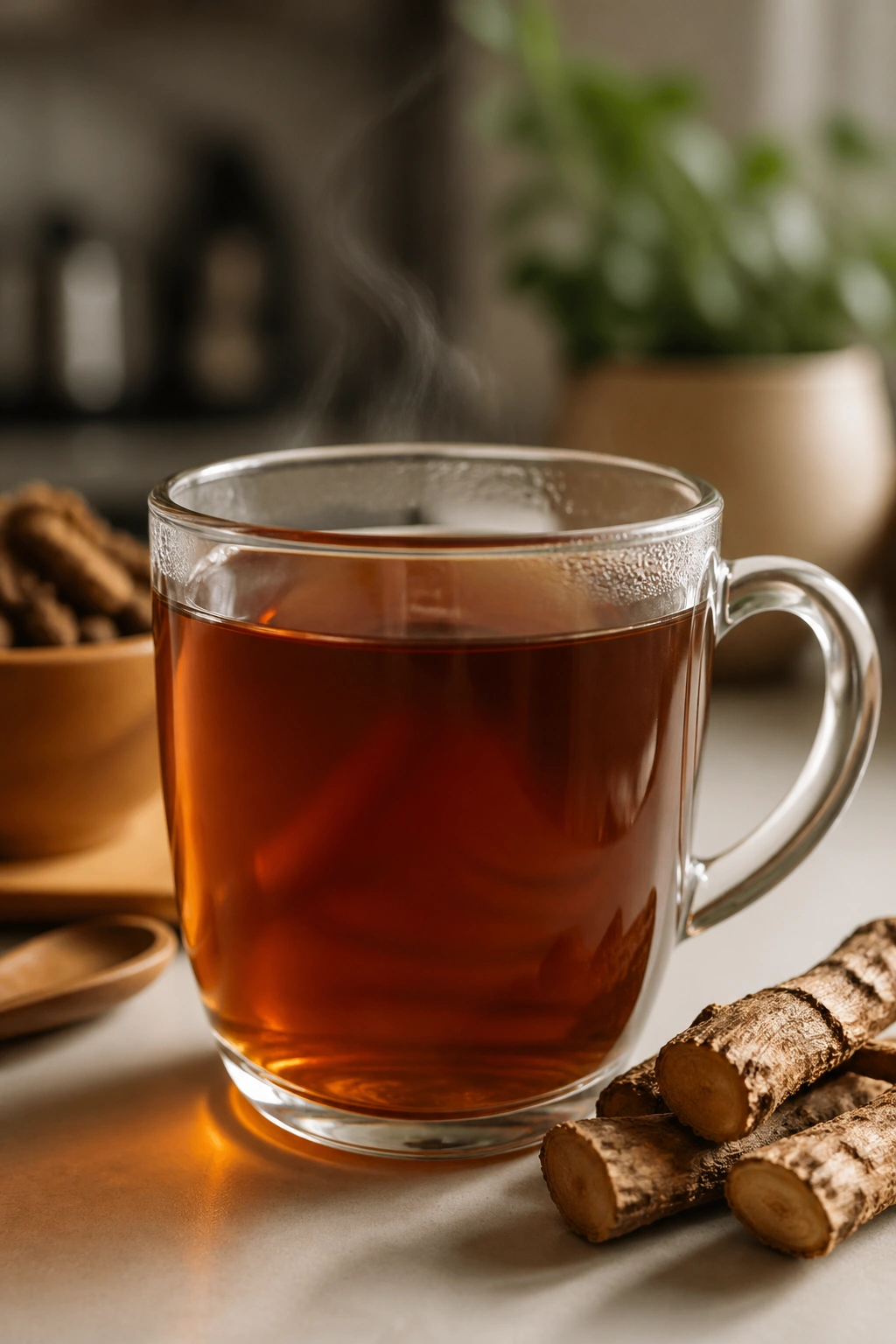Close-up of a steaming dandelion root tea in a mug on a counter