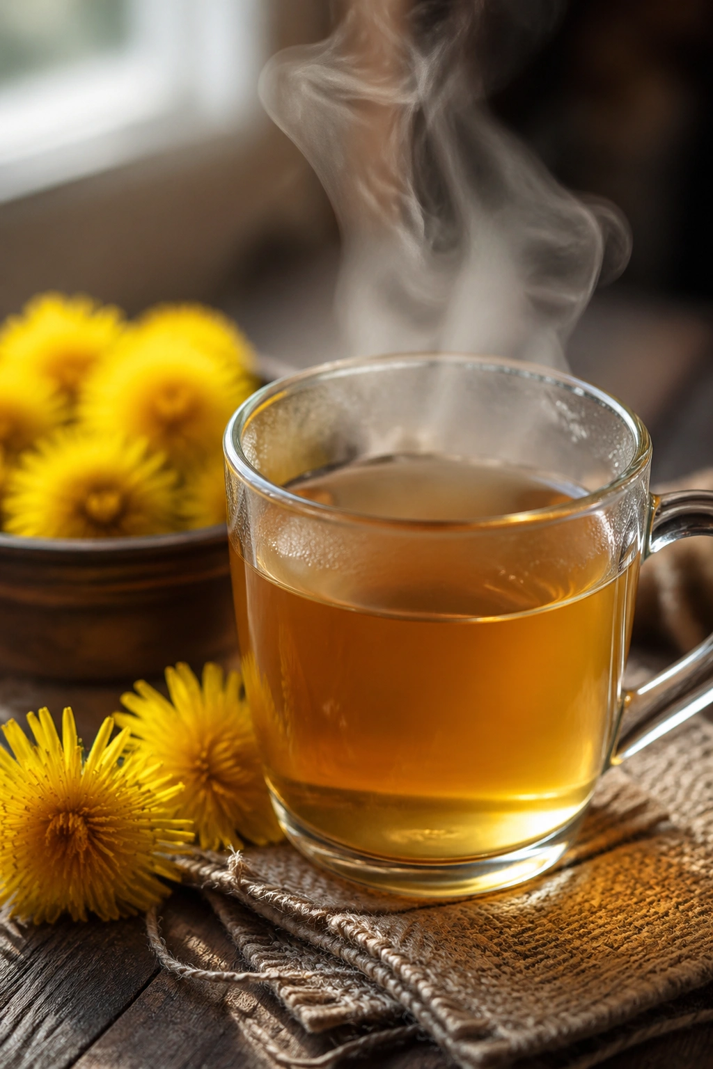 Mug of dandelion tea with steam on a rustic wooden table