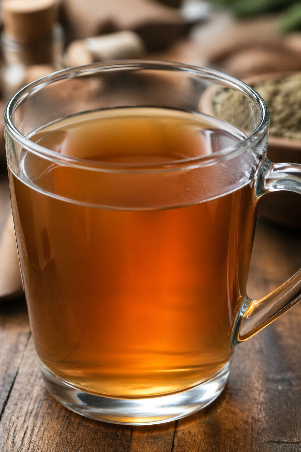 Close-up of a mug of dandelion tea in a sunlit kitchen