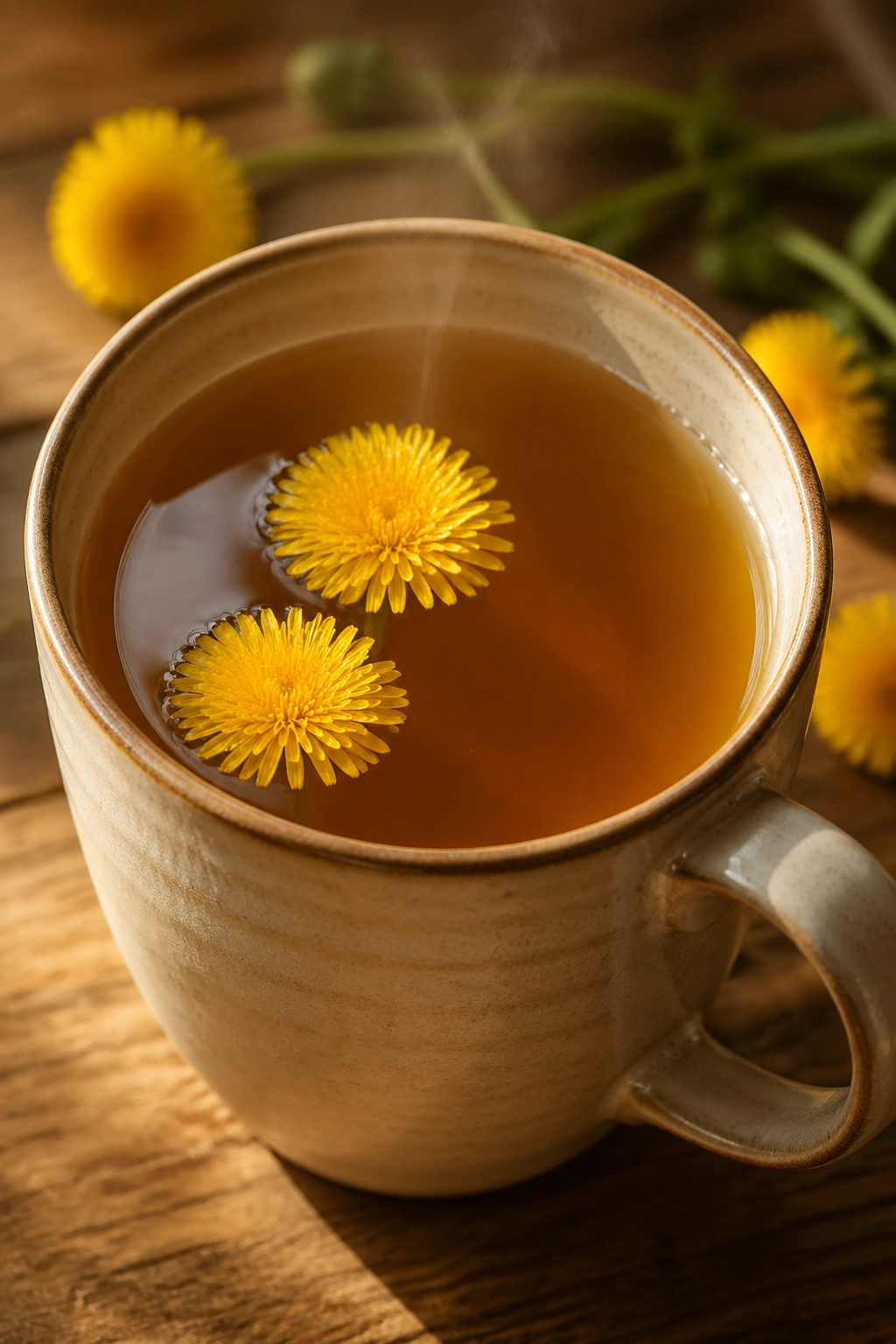 Close-up of a cup of dandelion tea in a cozy kitchen
