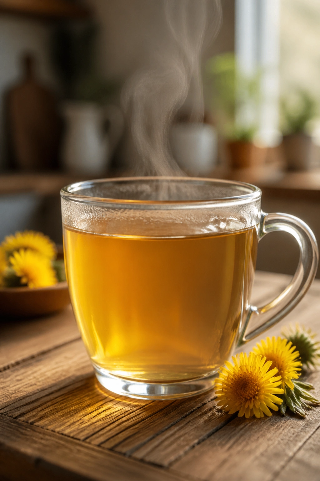 Close-up of dandelion tea in a glass mug on a wooden table