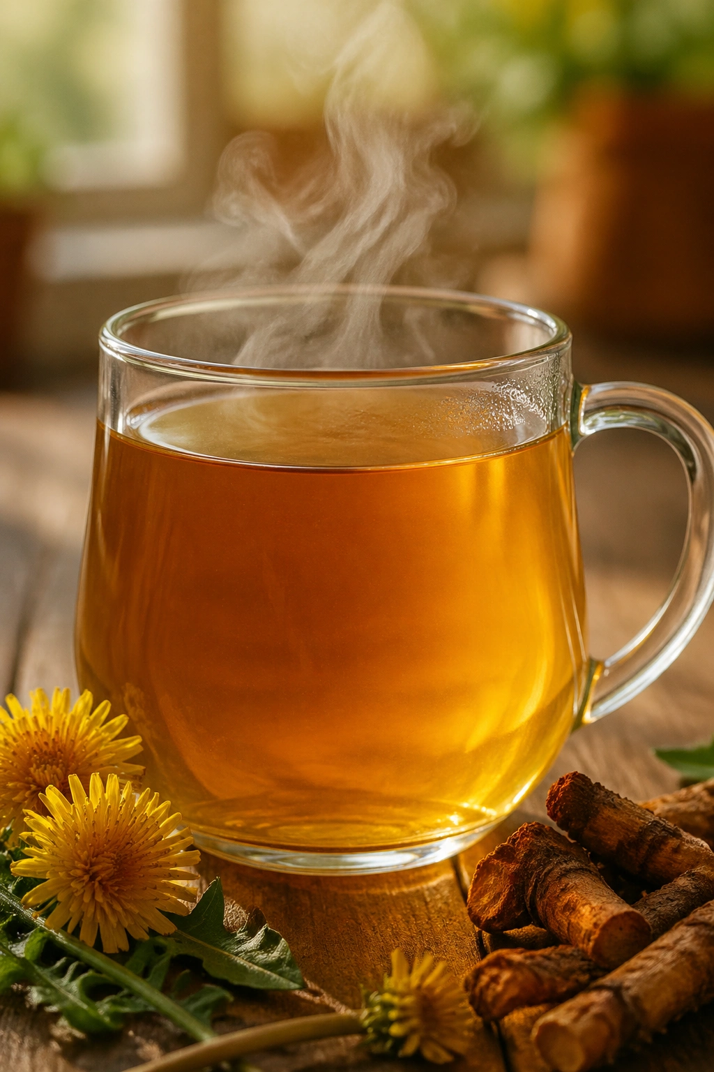 Cup of dandelion tea with steam on a kitchen counter