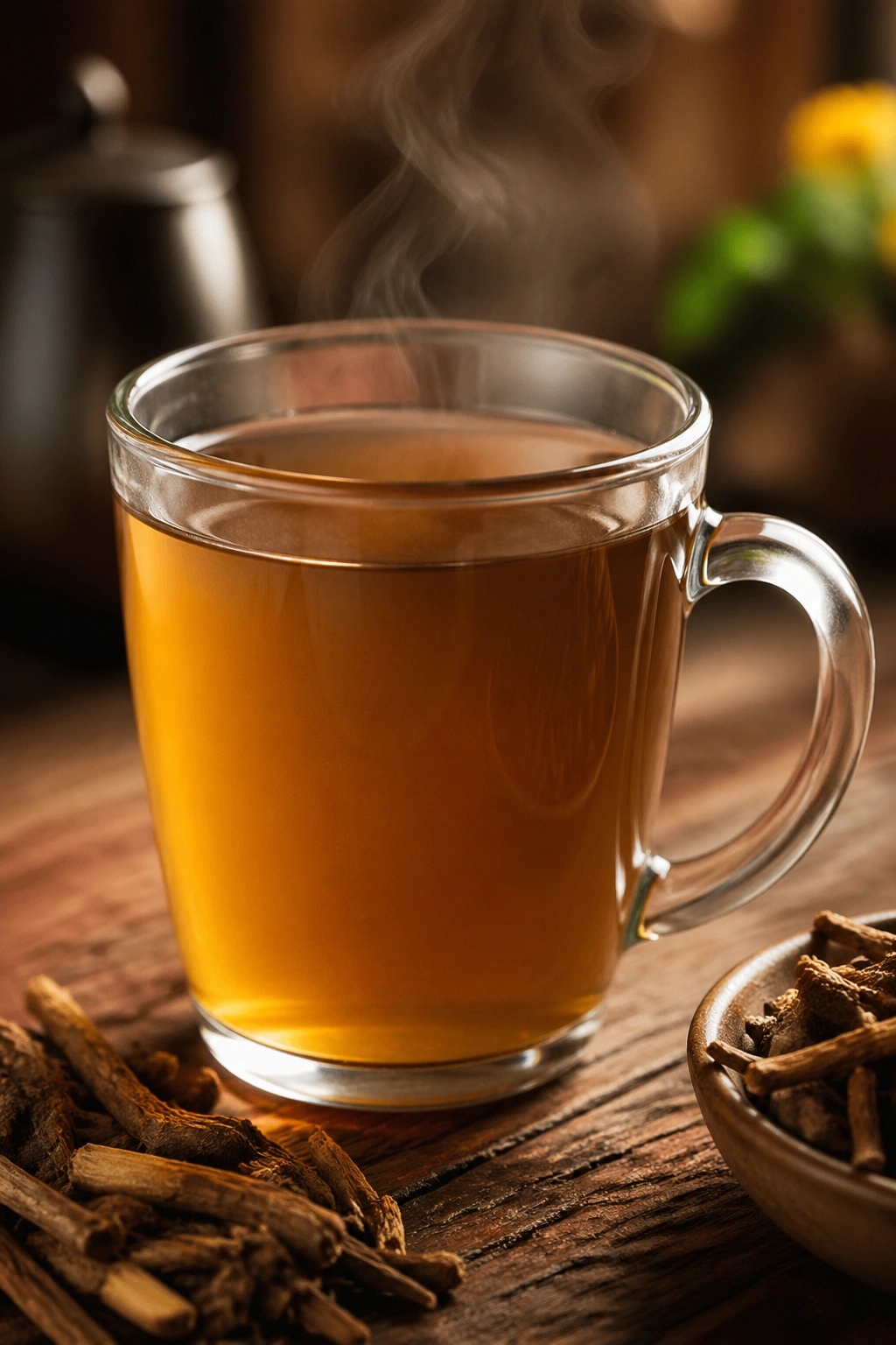 Warm mug of dandelion root tea with steam.