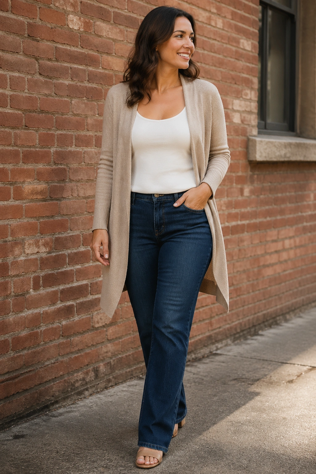 Full-body portrait of a woman in dark-wash jeans with a longline cardigan and camisole