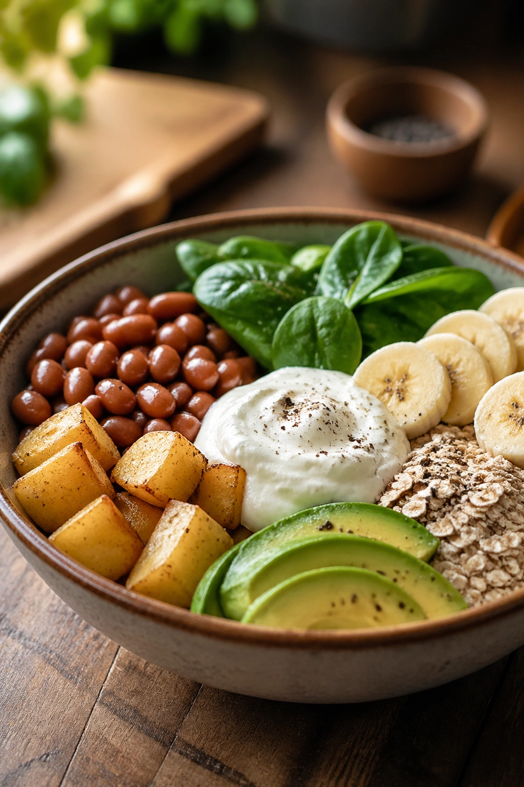 Close-up of a DASH-friendly bowl with potassium-rich foods on a wooden counter.