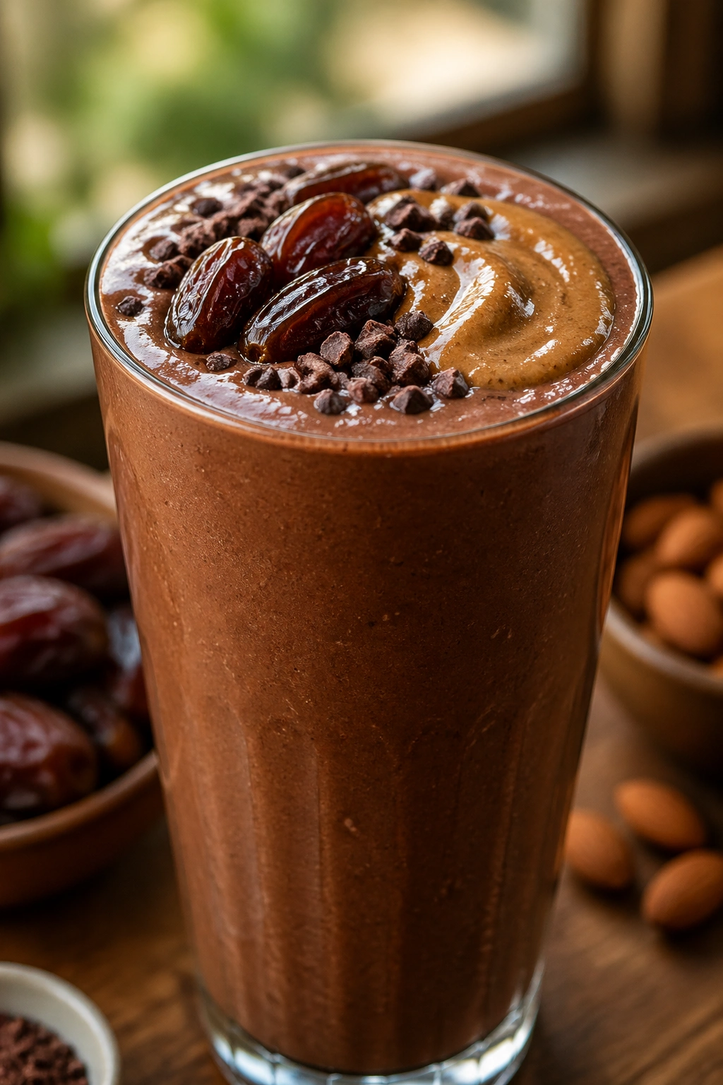 Close-up of Date, Almond Butter, and Cacao Shake in a glass on a warm kitchen counter