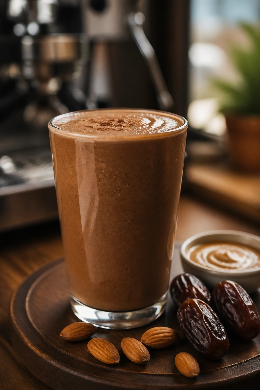Date Almond Espresso Smoothie in glass on cafe counter with rich espresso color