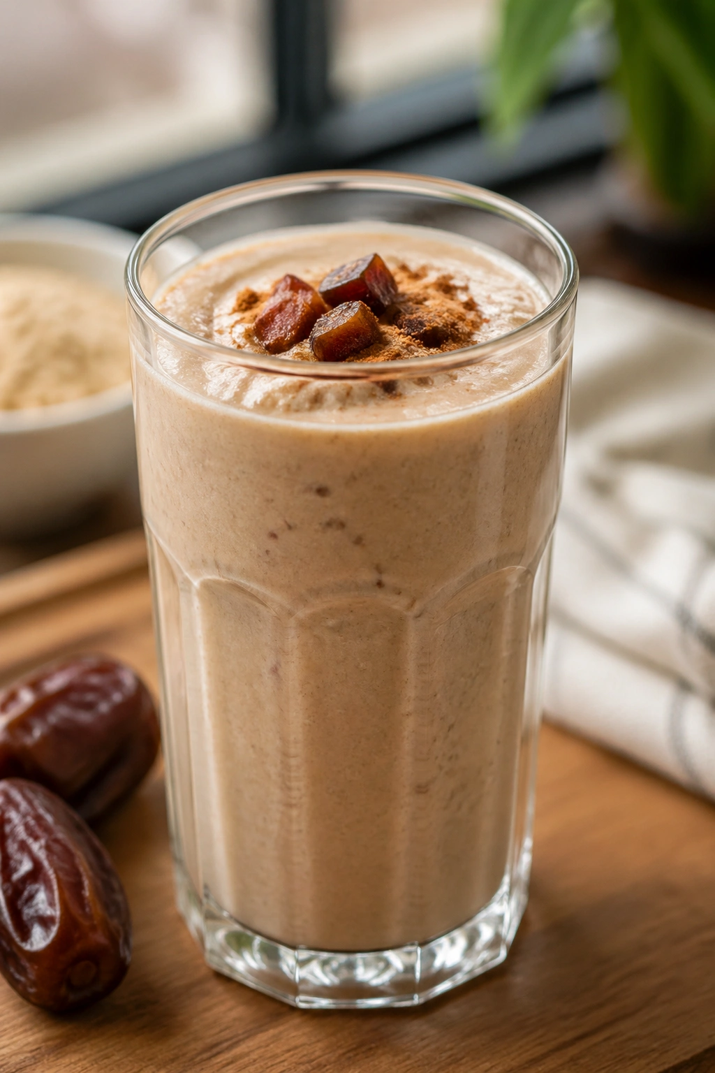 Close-up of Date Cinnamon Oat Shake in a glass with creamy texture
