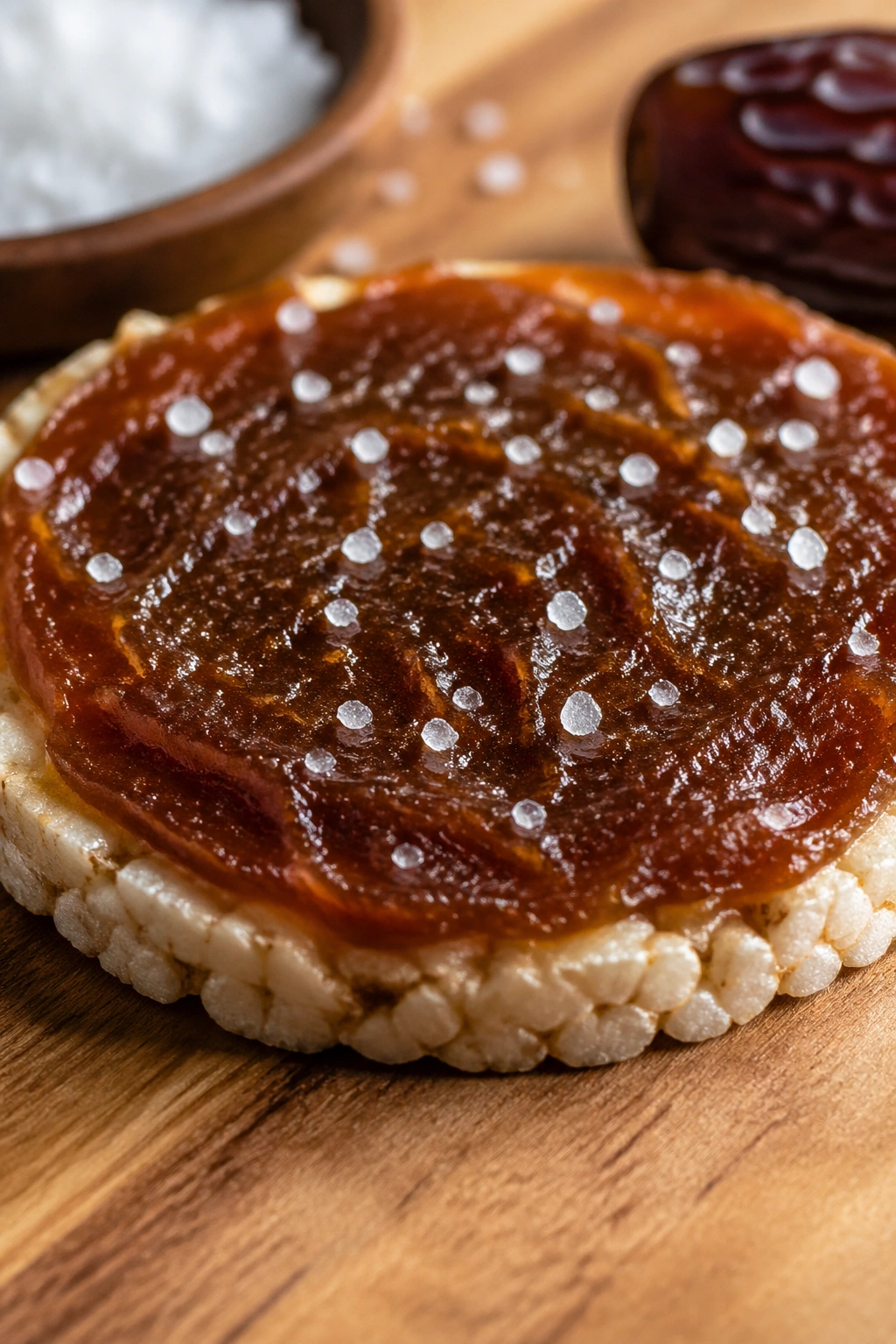 Rice cake with date paste spread and sea salt flakes on top