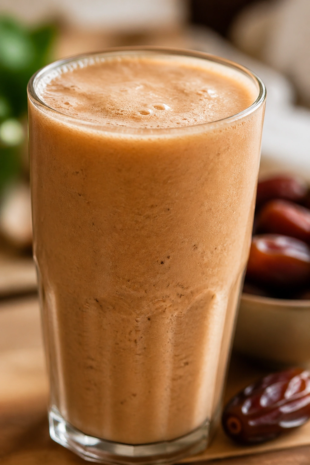 Glass of date shake on a warm kitchen counter
