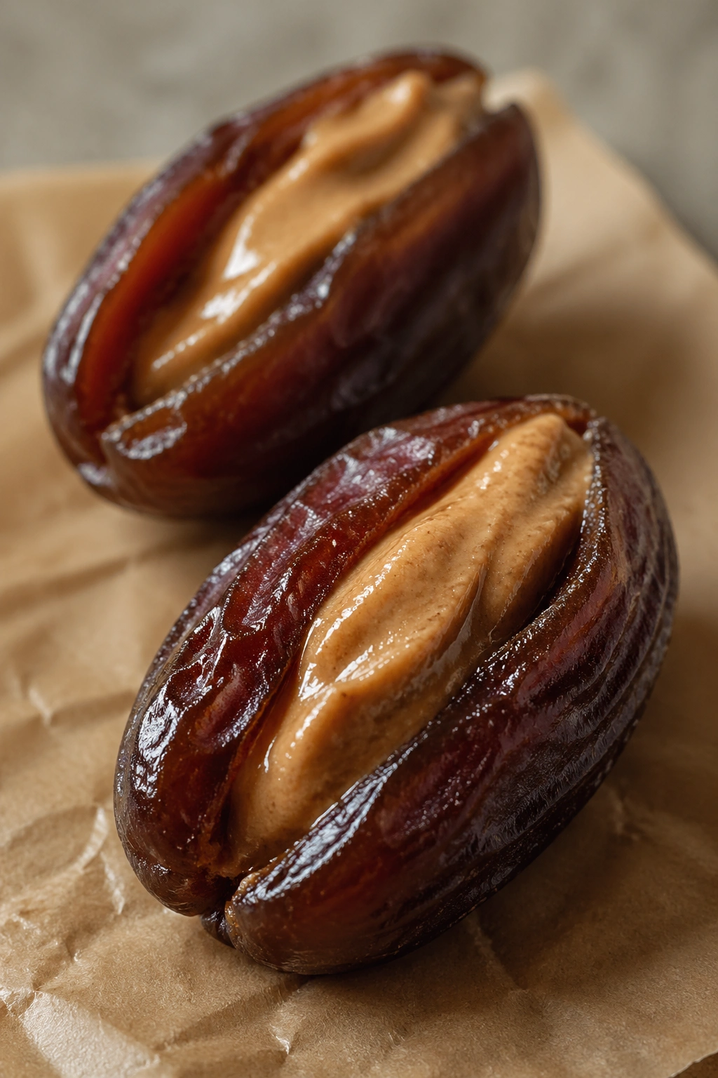 Close-up stuffed dates with almond butter on parchment