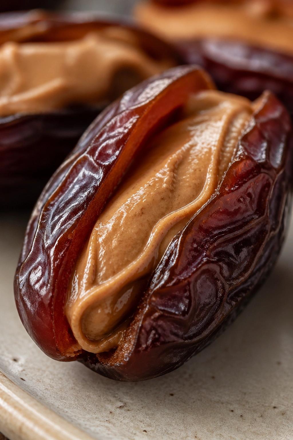 Medjool date stuffed with almond butter, on a neutral plate.