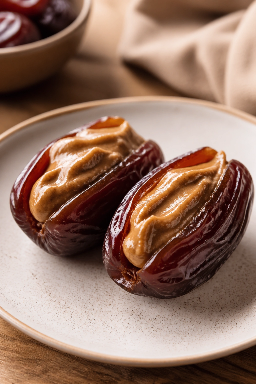 Dates stuffed with almond butter on a plate in a warm kitchen