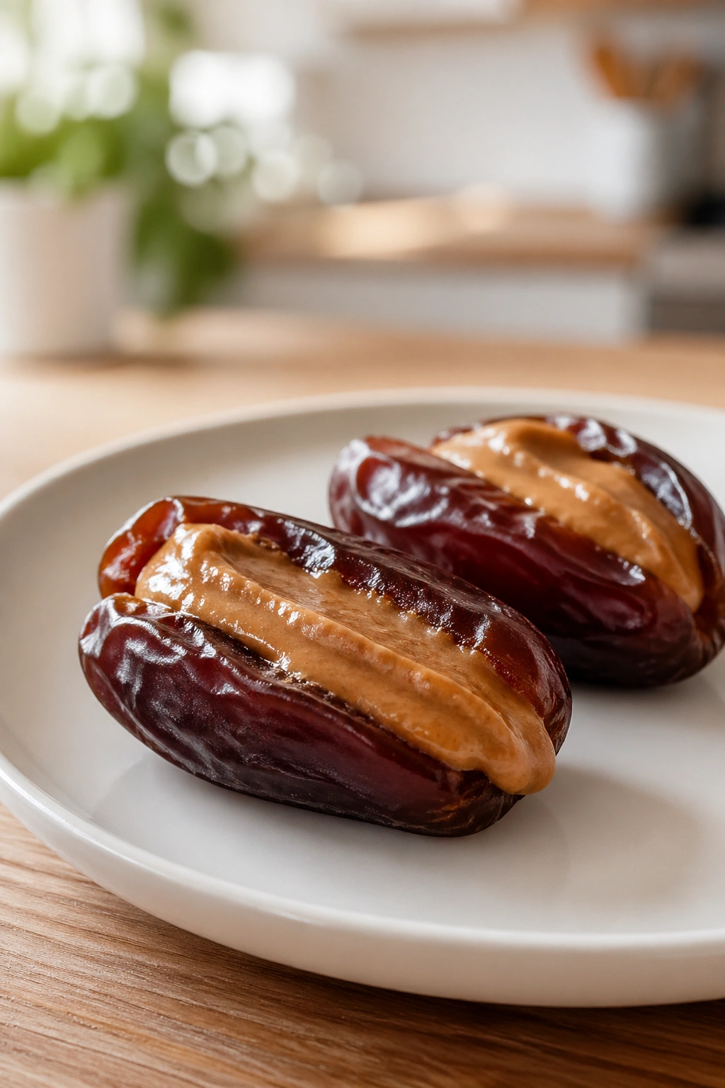 Close-up of Medjool dates with almond butter on a plate