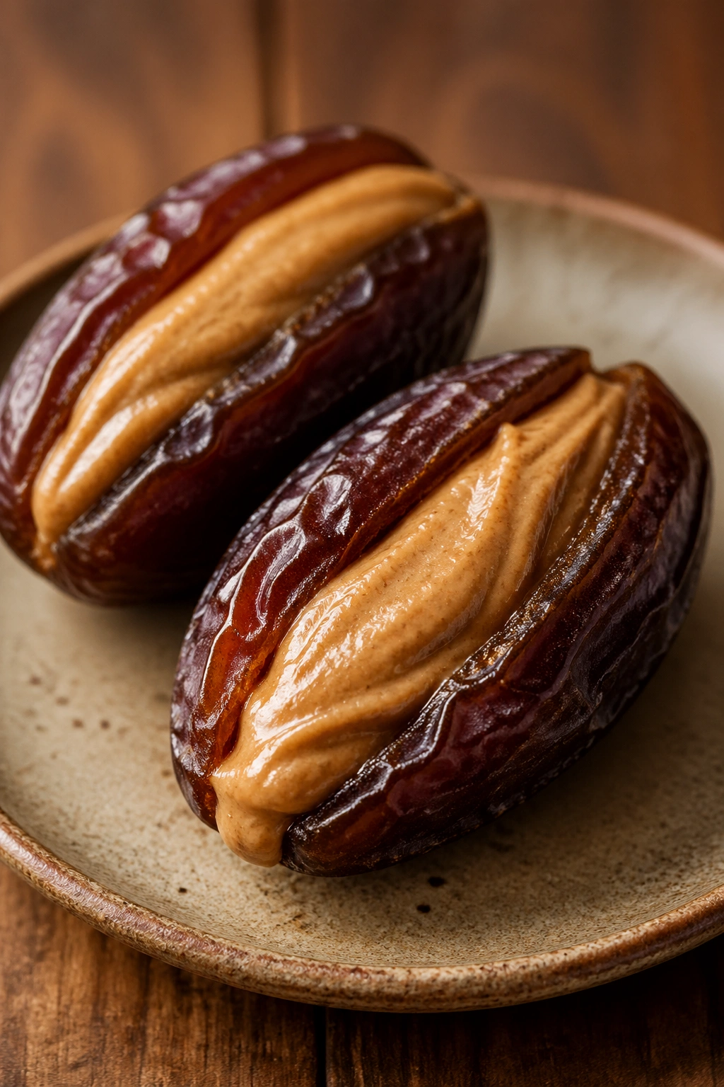 Two stuffed Medjool dates on a plate with almond butter visible
