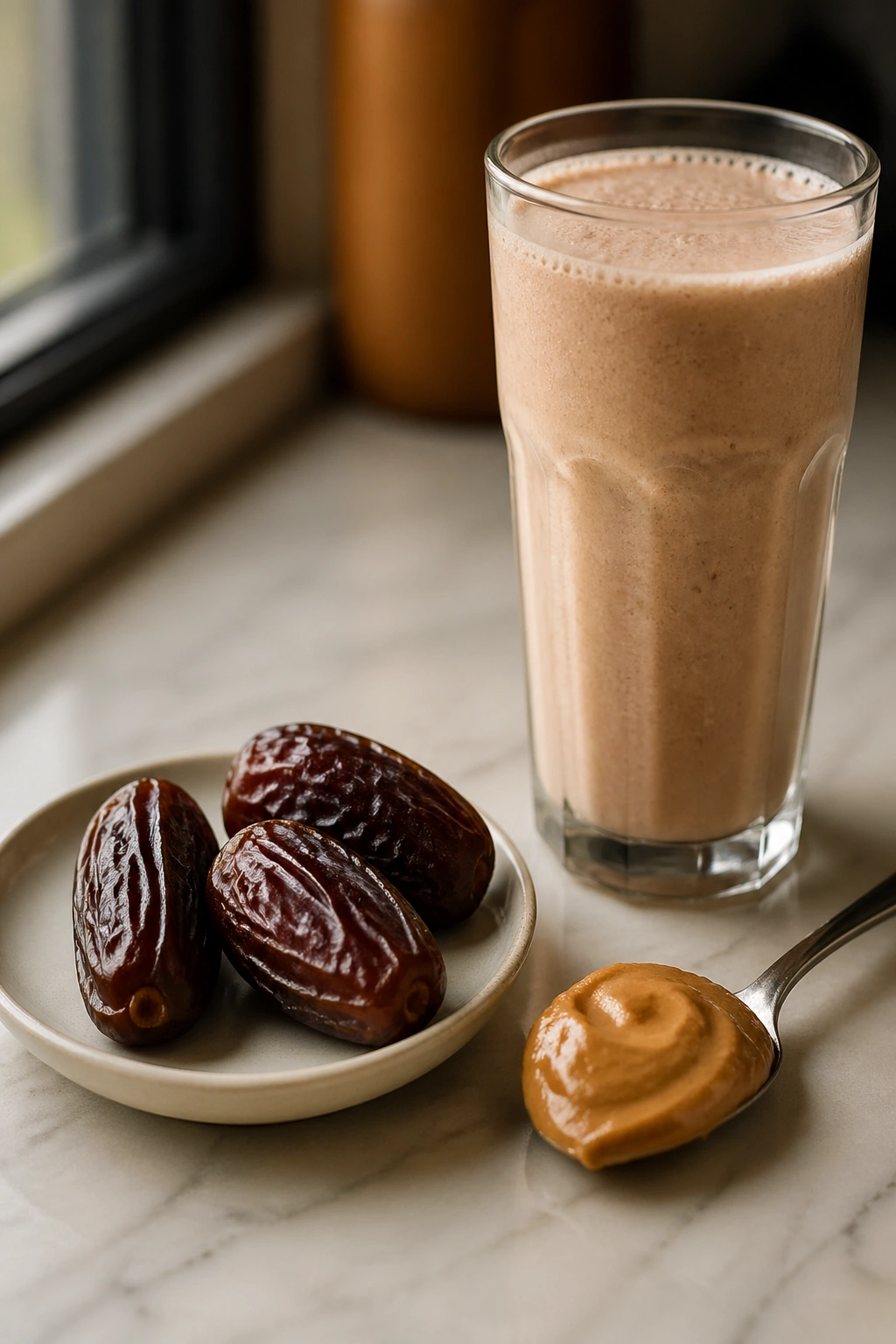 Dates, almond butter and protein shake on a kitchen counter