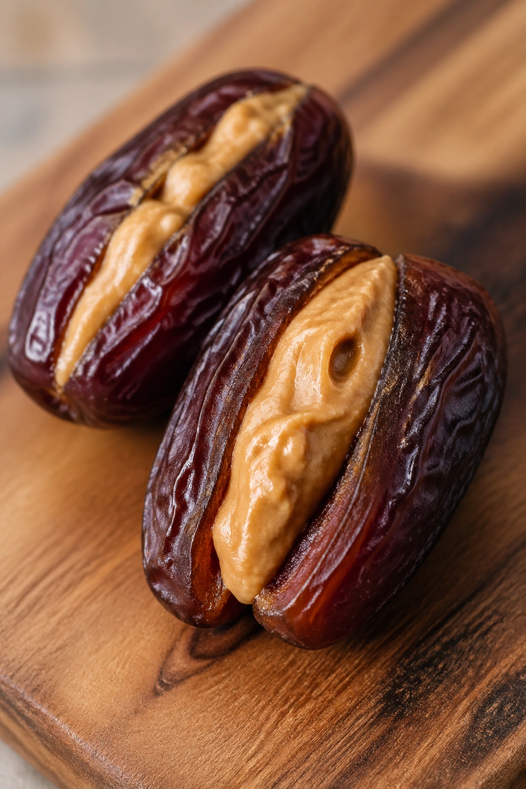 Medjool dates stuffed with almond butter on a wooden board