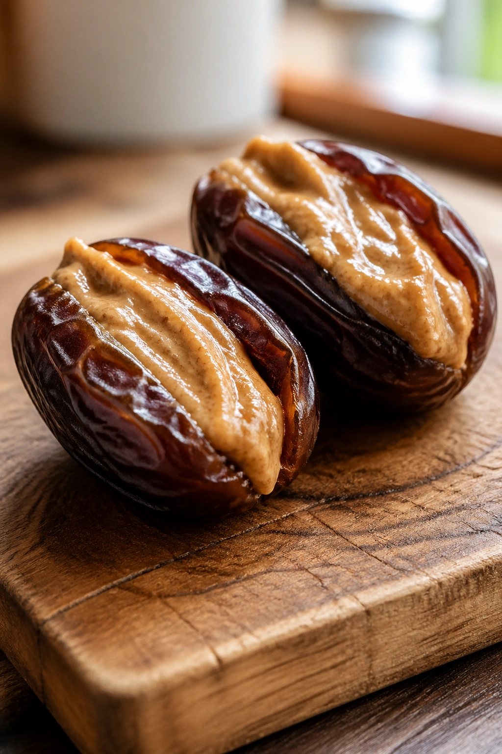 Close-up of two Medjool dates stuffed with almond butter on a wooden board