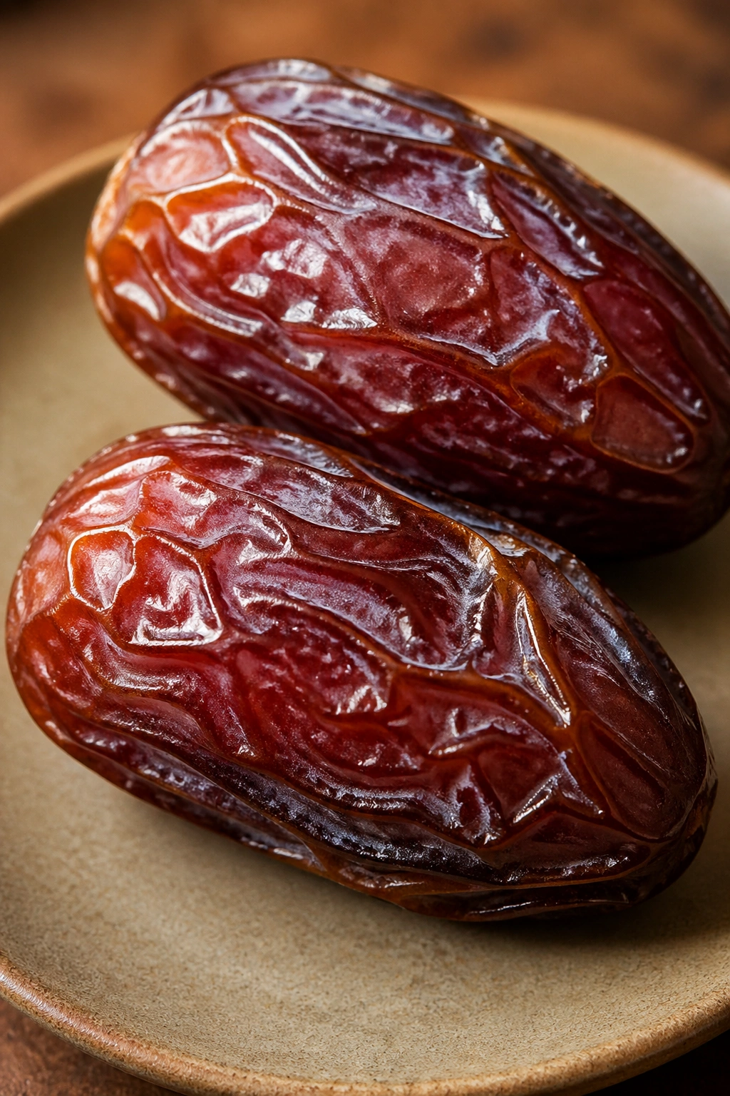 Two Medjool dates filling the frame on a plate