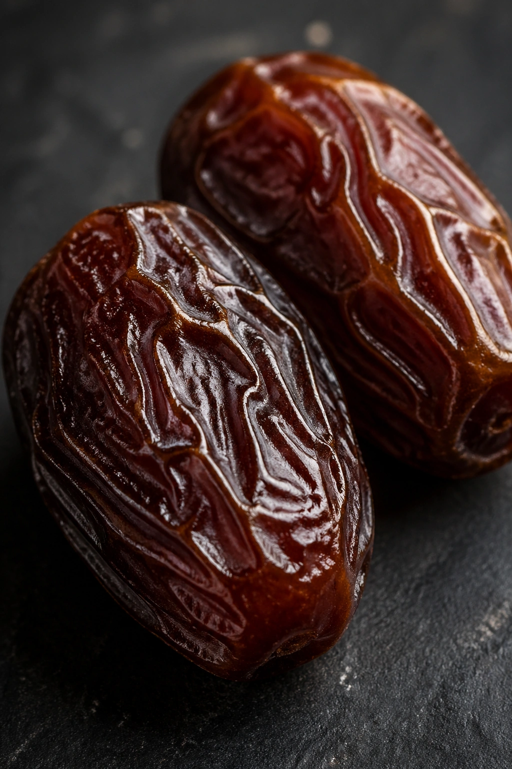 Two Medjool dates close-up foreground
