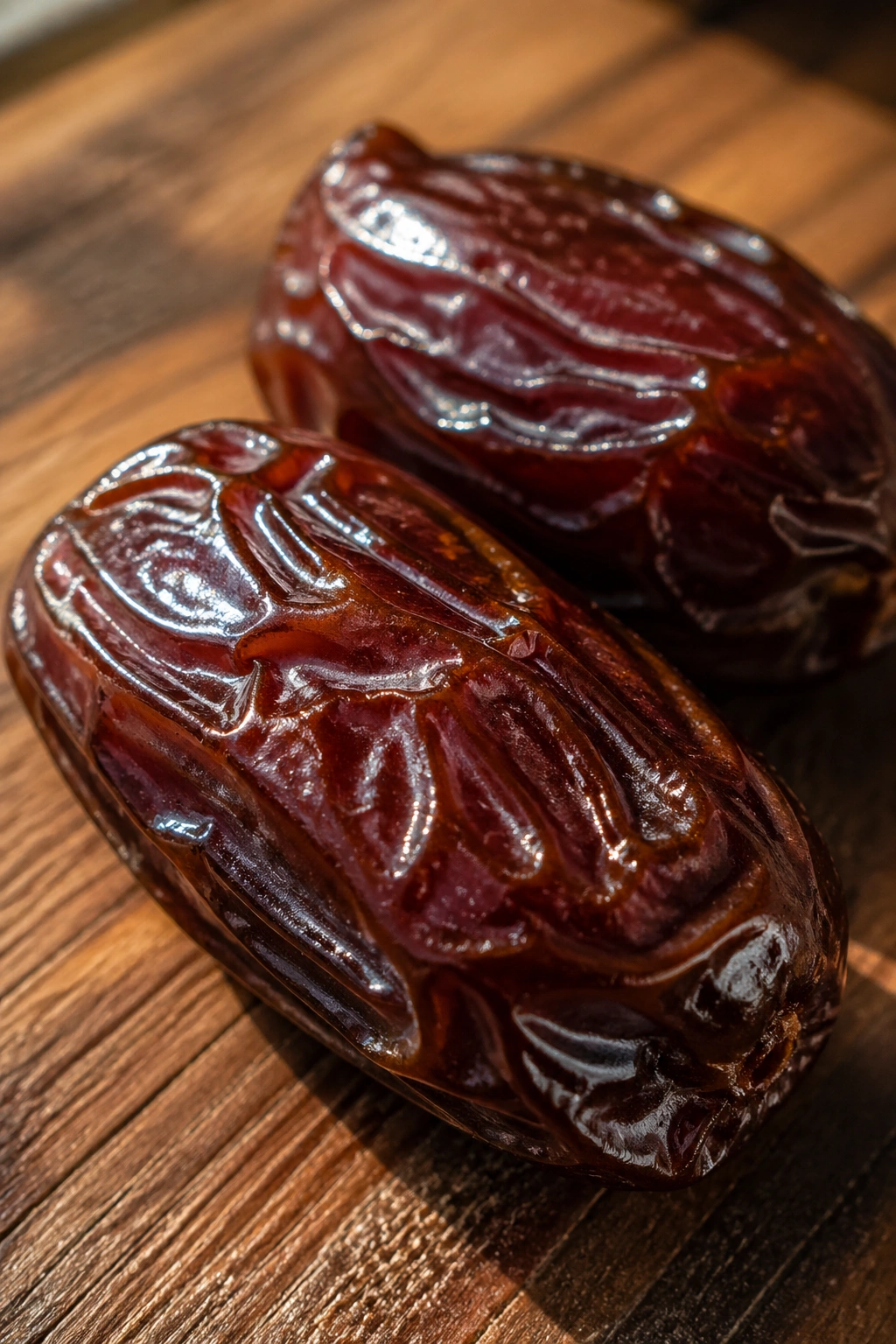 Close-up of Medjool dates filling the frame on a wooden surface