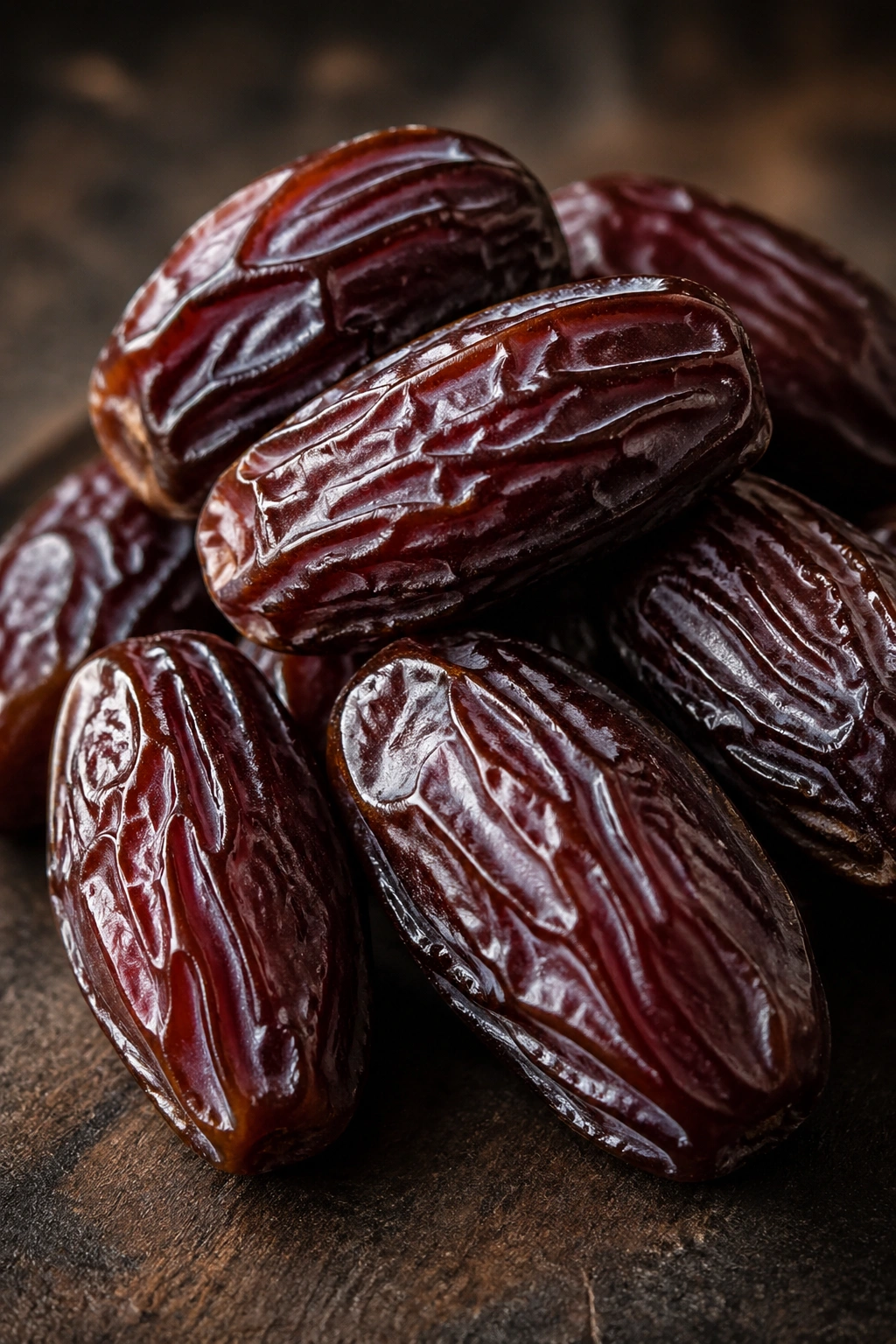 Close-up of Medjool dates filling the frame on a dark background.