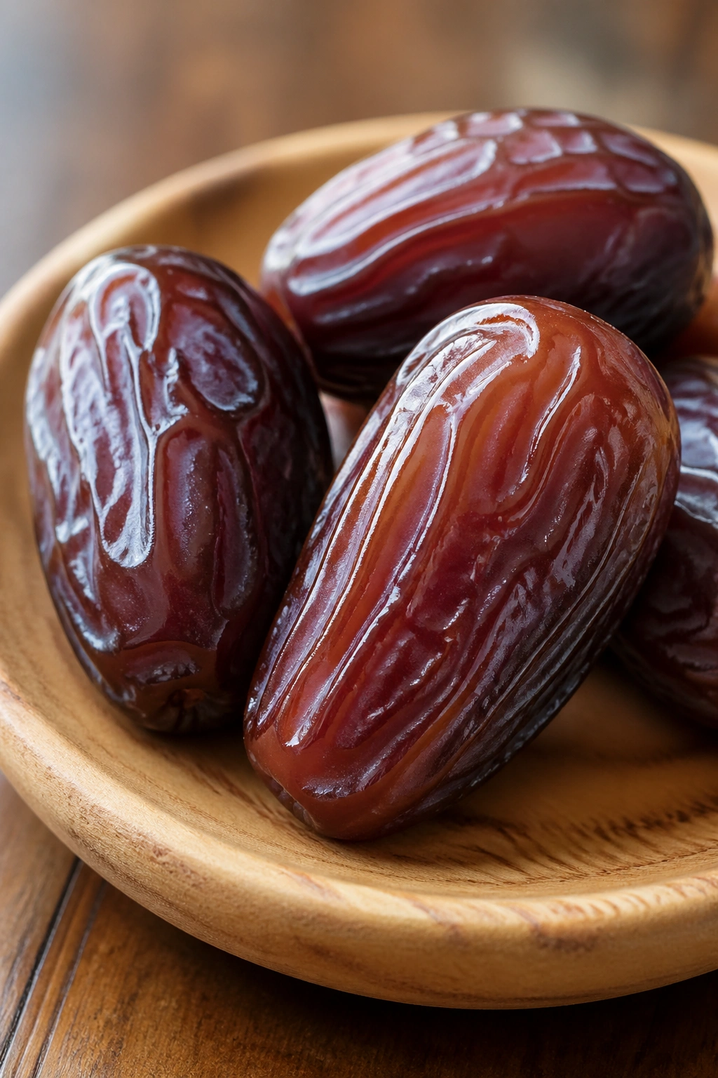 Close-up of glossy Medjool dates on a light wooden plate