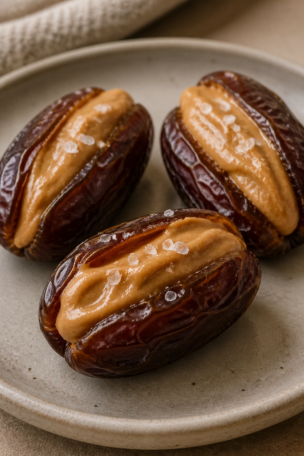Close-up of Medjool dates stuffed with nut butter for quick energy