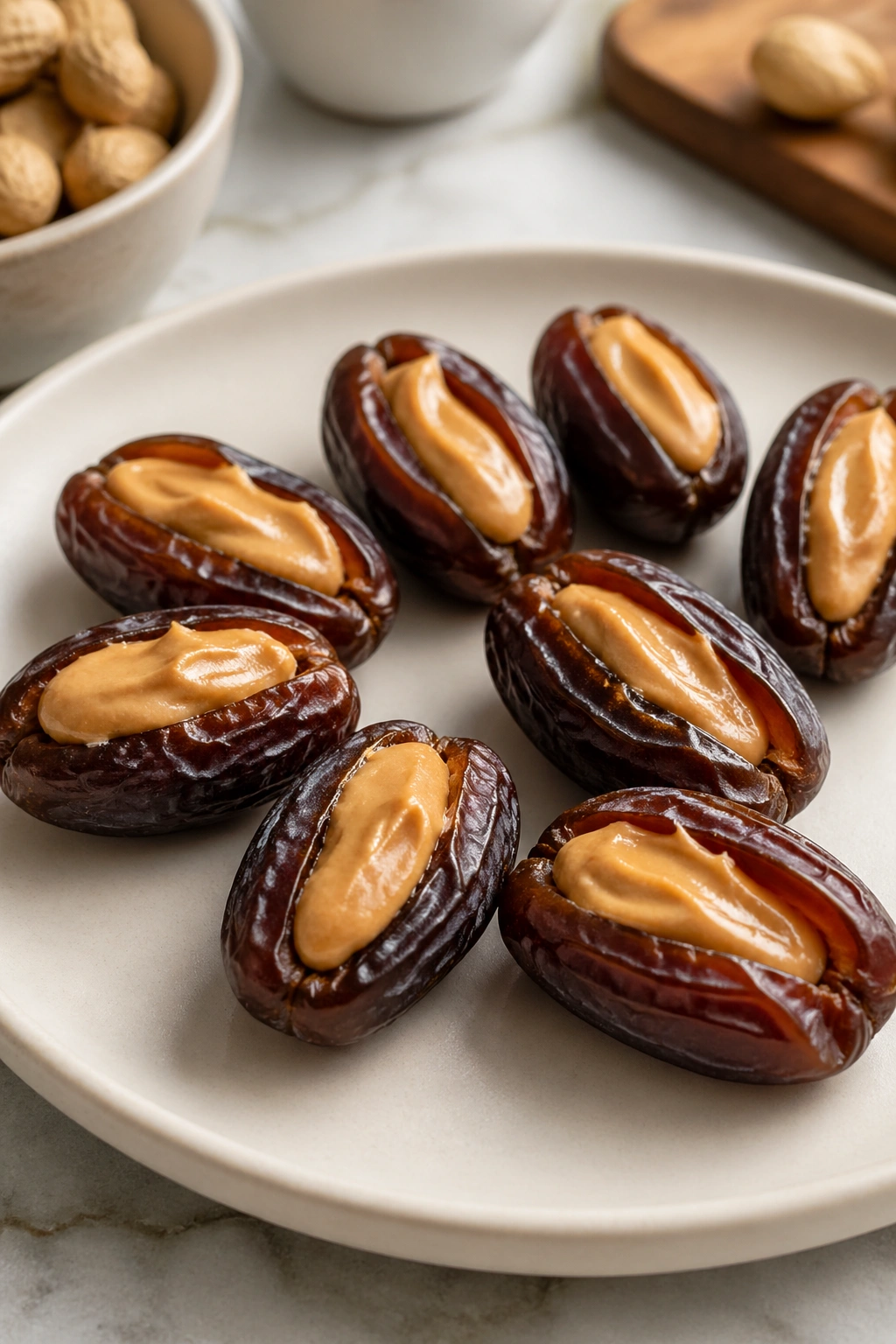 Close-up ofDates Stuffed With Peanut Butter on a light plate in a kitchen