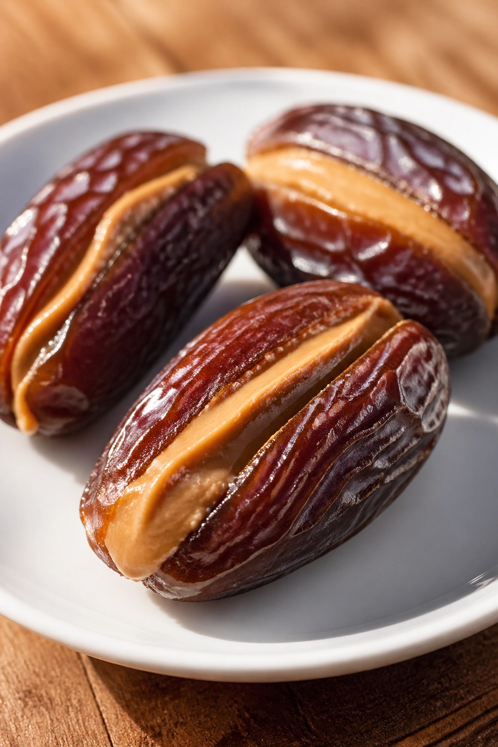 Close-up of stuffed dates with peanut butter on a white plate