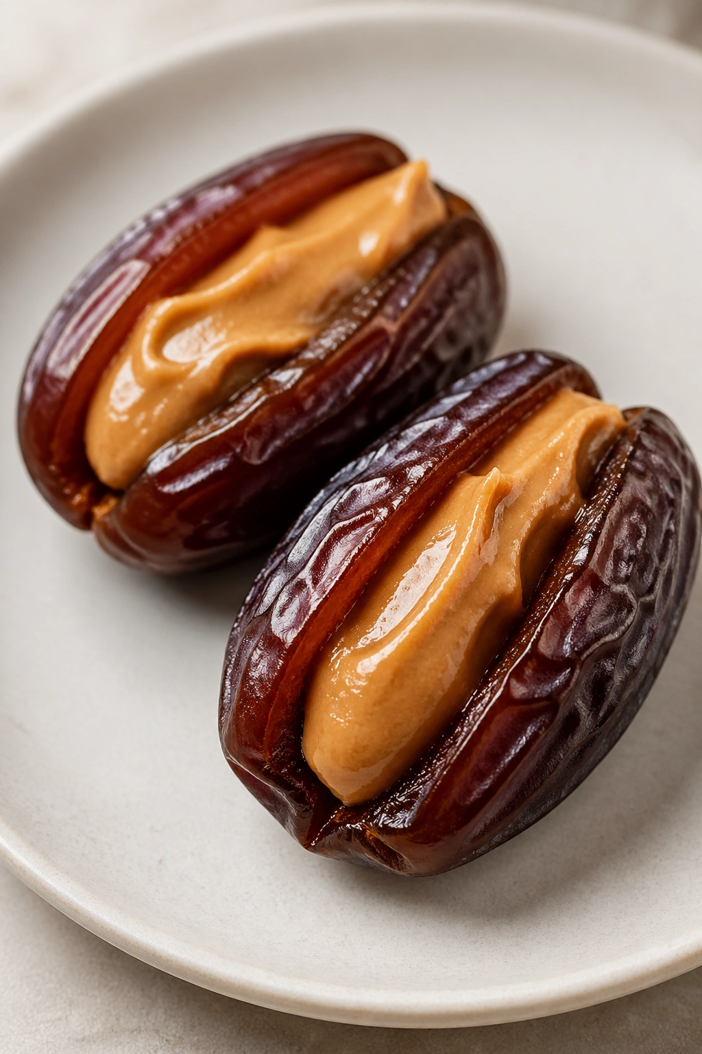 Medjool dates stuffed with peanut butter on a plate