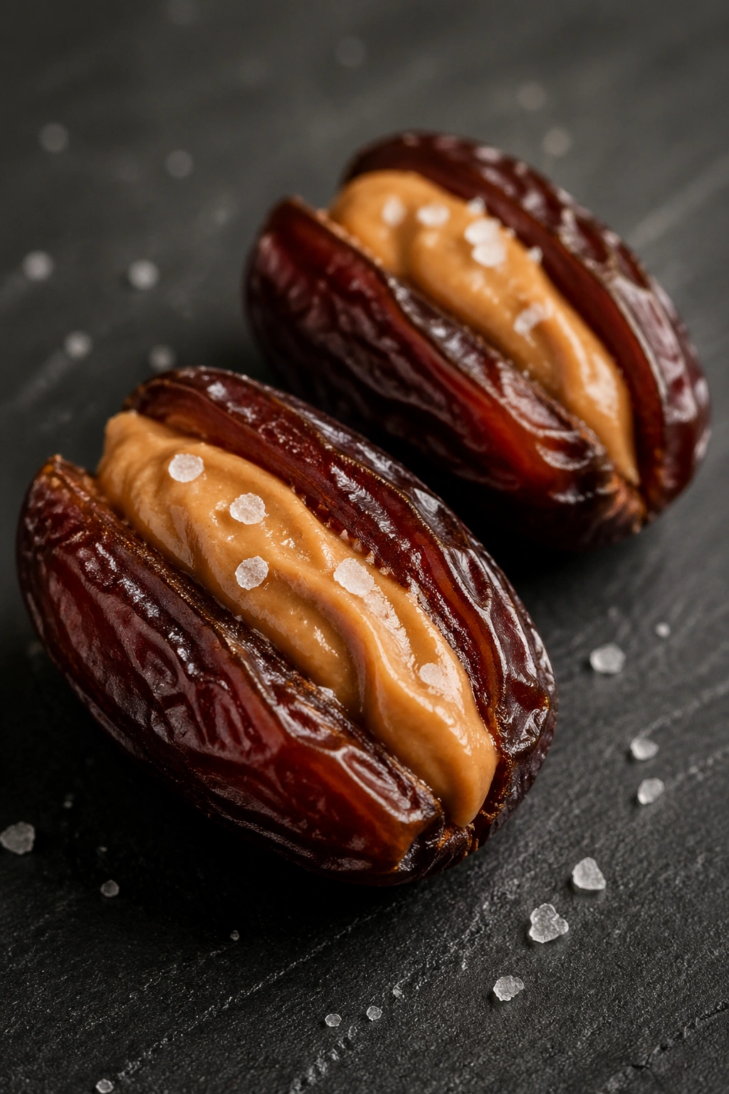 Close-up of two Medjool dates stuffed with peanut butter on a dark slate surface.