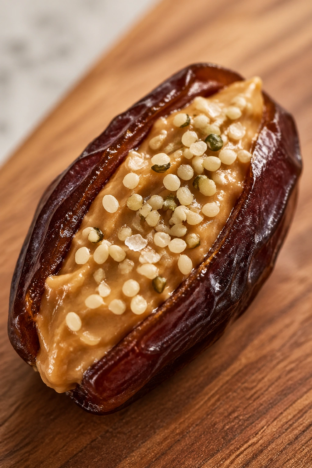 Close-up of a stuffed Medjool date with peanut butter and hemp seeds
