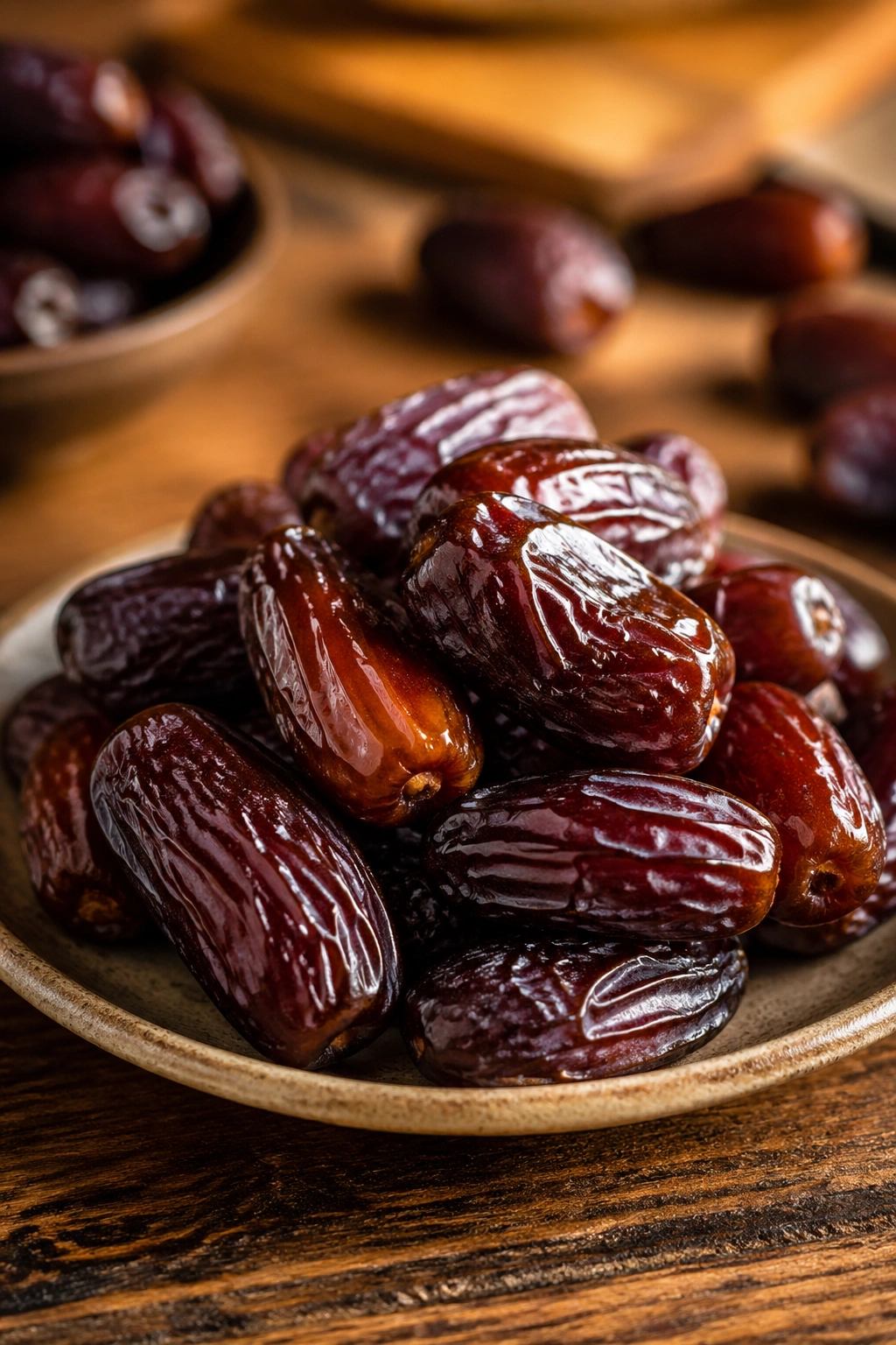 Close-up of Medjool dates on a rustic plate, glossy and brown