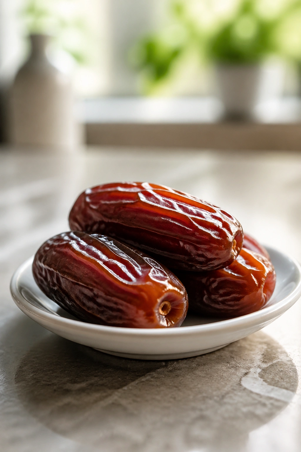 Three Medjool dates on a white dish in a kitchen