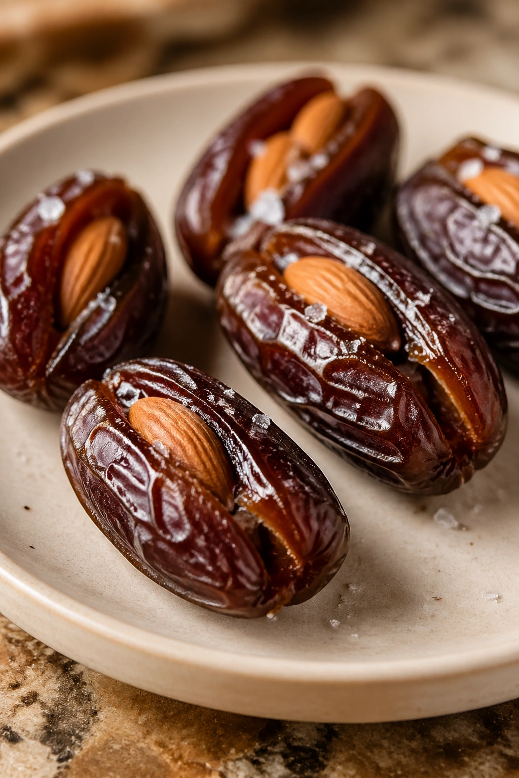 Stuffed dates with almonds on a plate