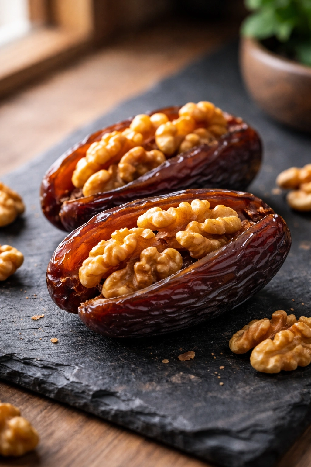 Close-up of two Medjool dates stuffed with walnuts on a dark slate surface