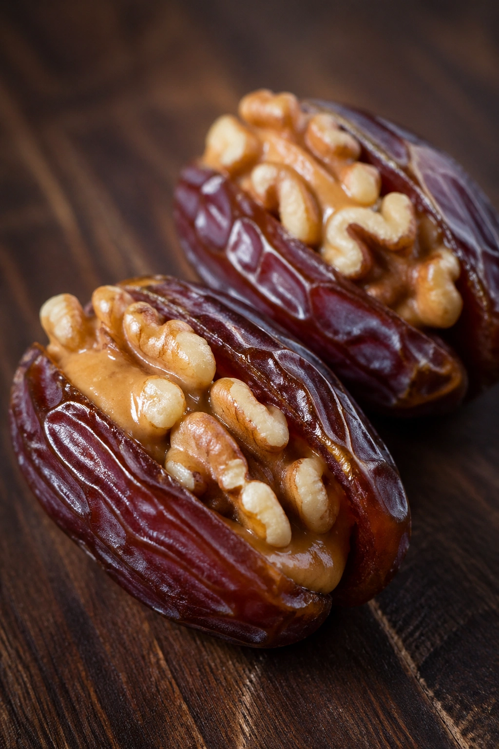 Close-up of stuffed Medjool dates with walnuts and peanut butter