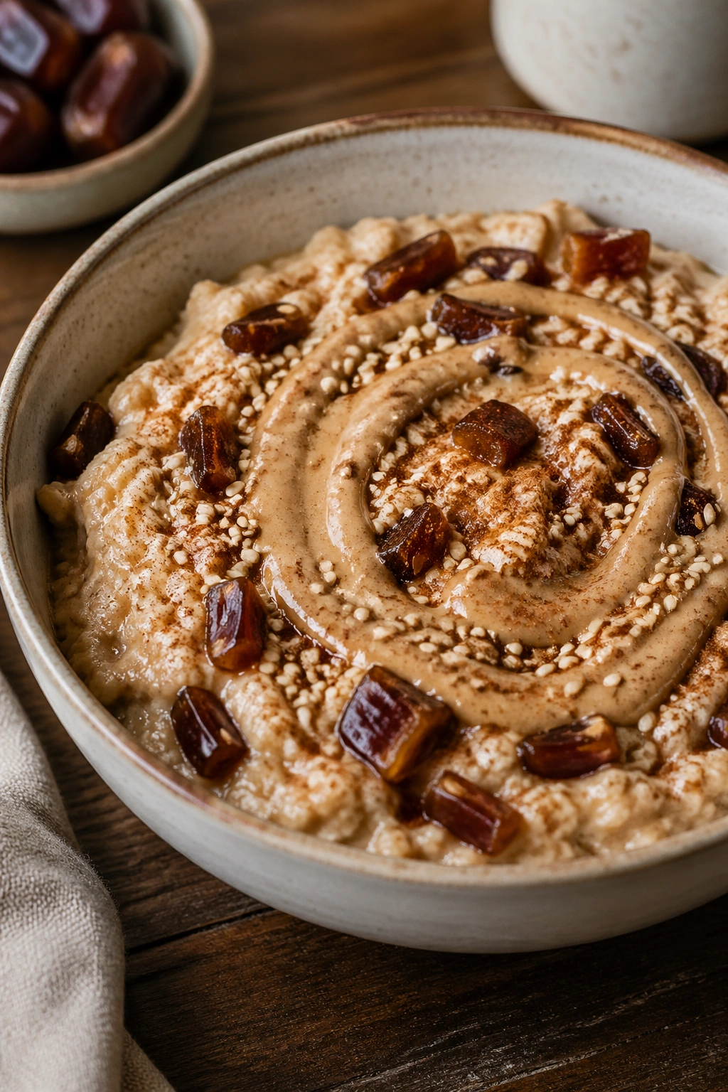 Oatmeal with dates and tahini in a bowl on wood