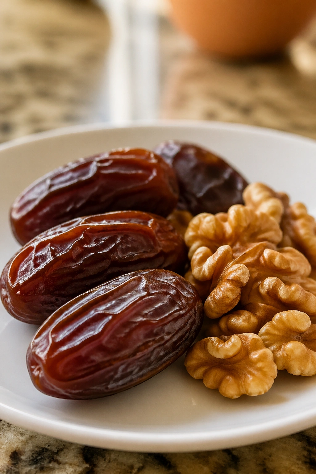 Close-up of Medjool dates and walnuts on a plate