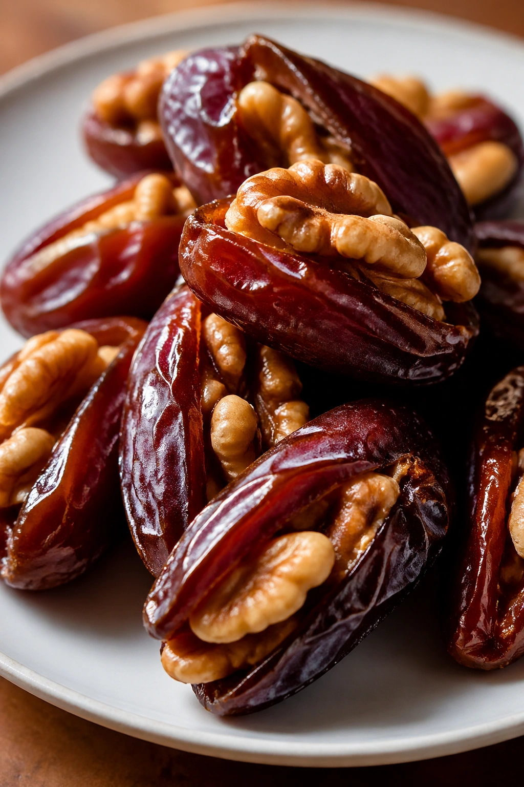 Close-up of dates with walnuts on a plate
