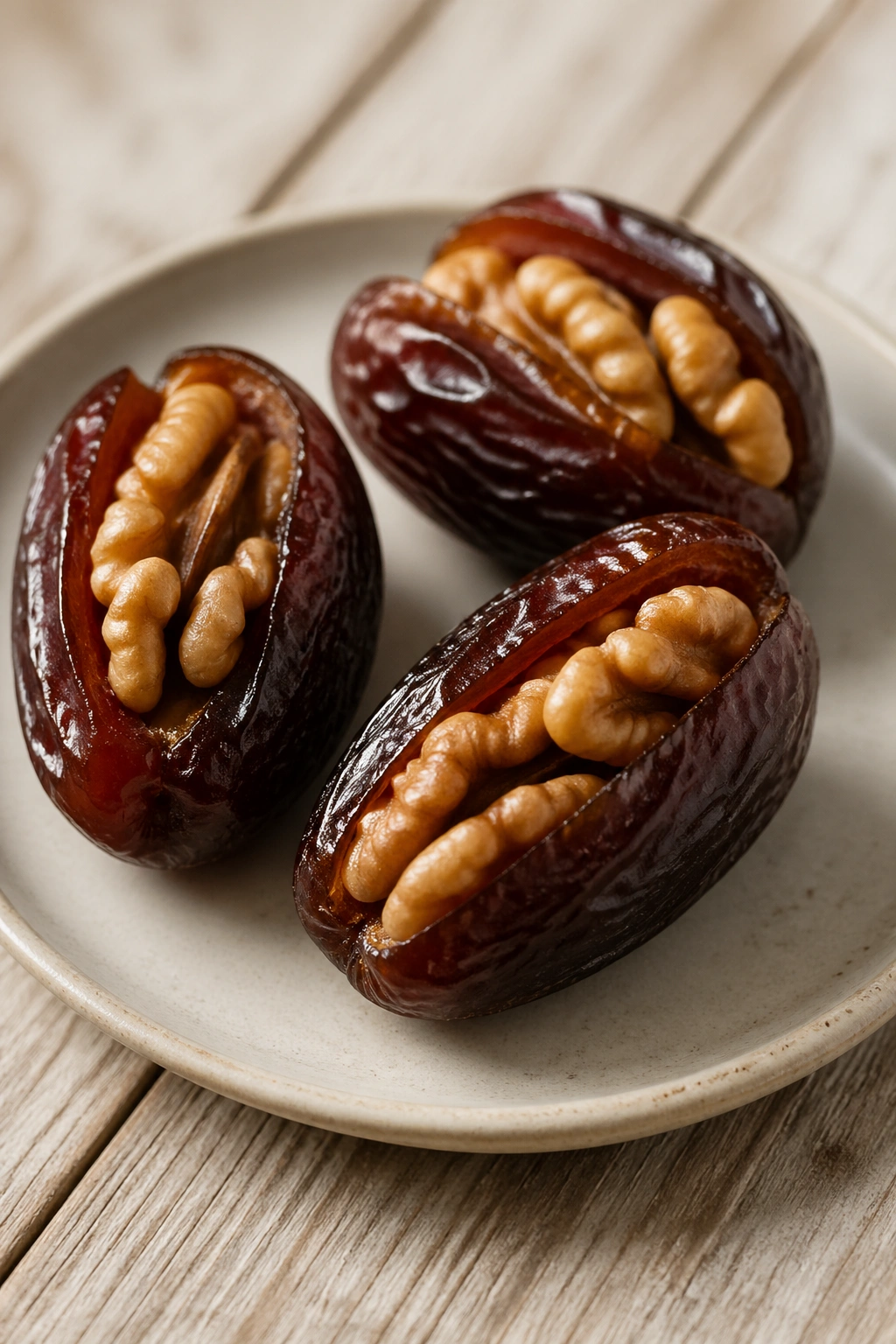 Close-up stuffed dates with walnuts on a plate, portable pre-workout snack.