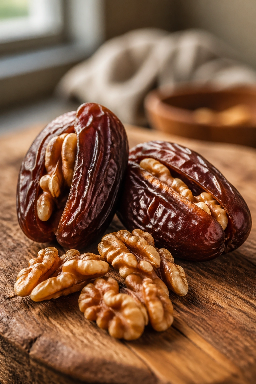 Close-up of Medjool dates with walnut halves on a rustic board, ready as a pre-workout snack.