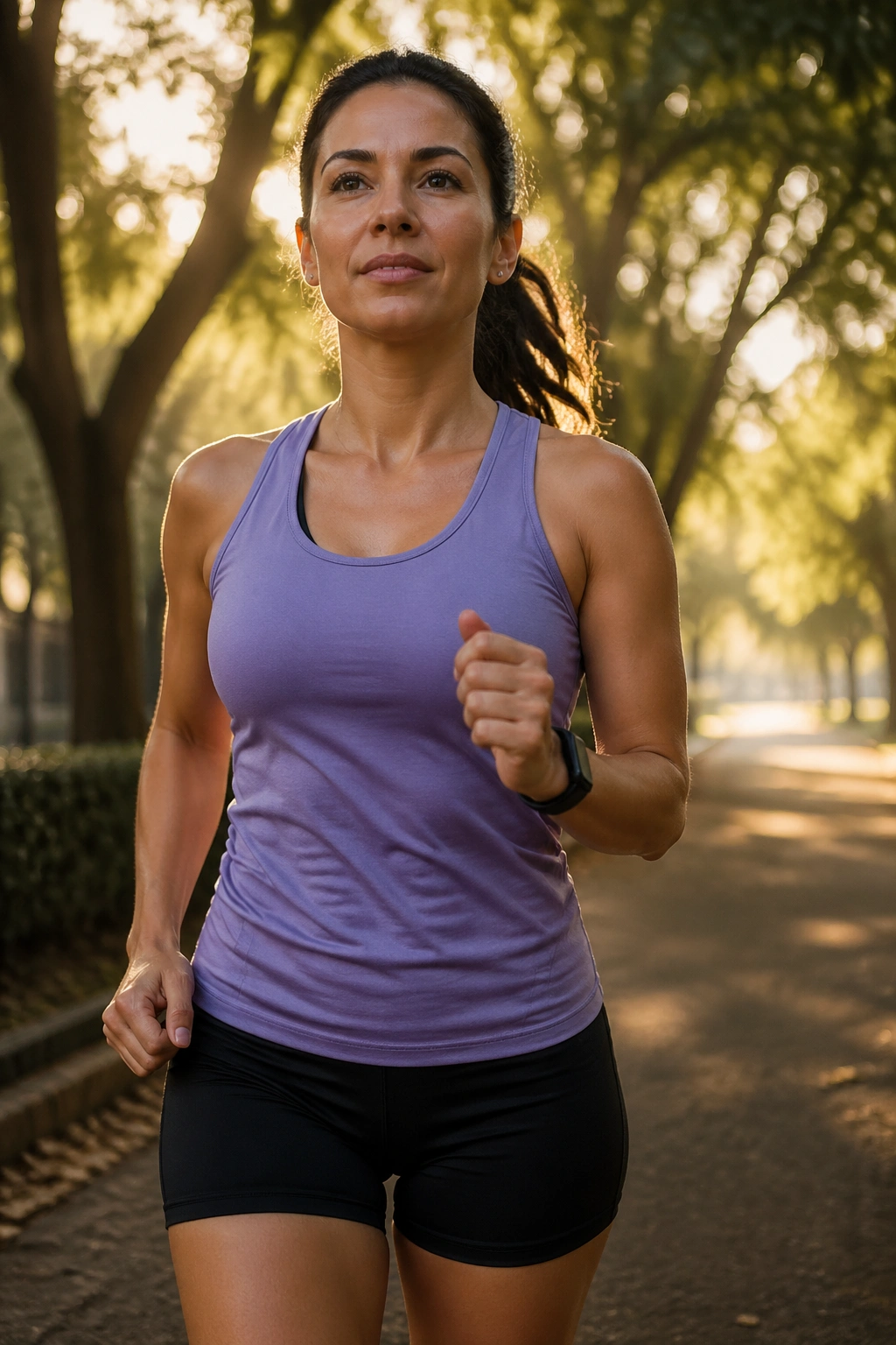 Close-up of a person brisk-walking on a shaded park path at dawn