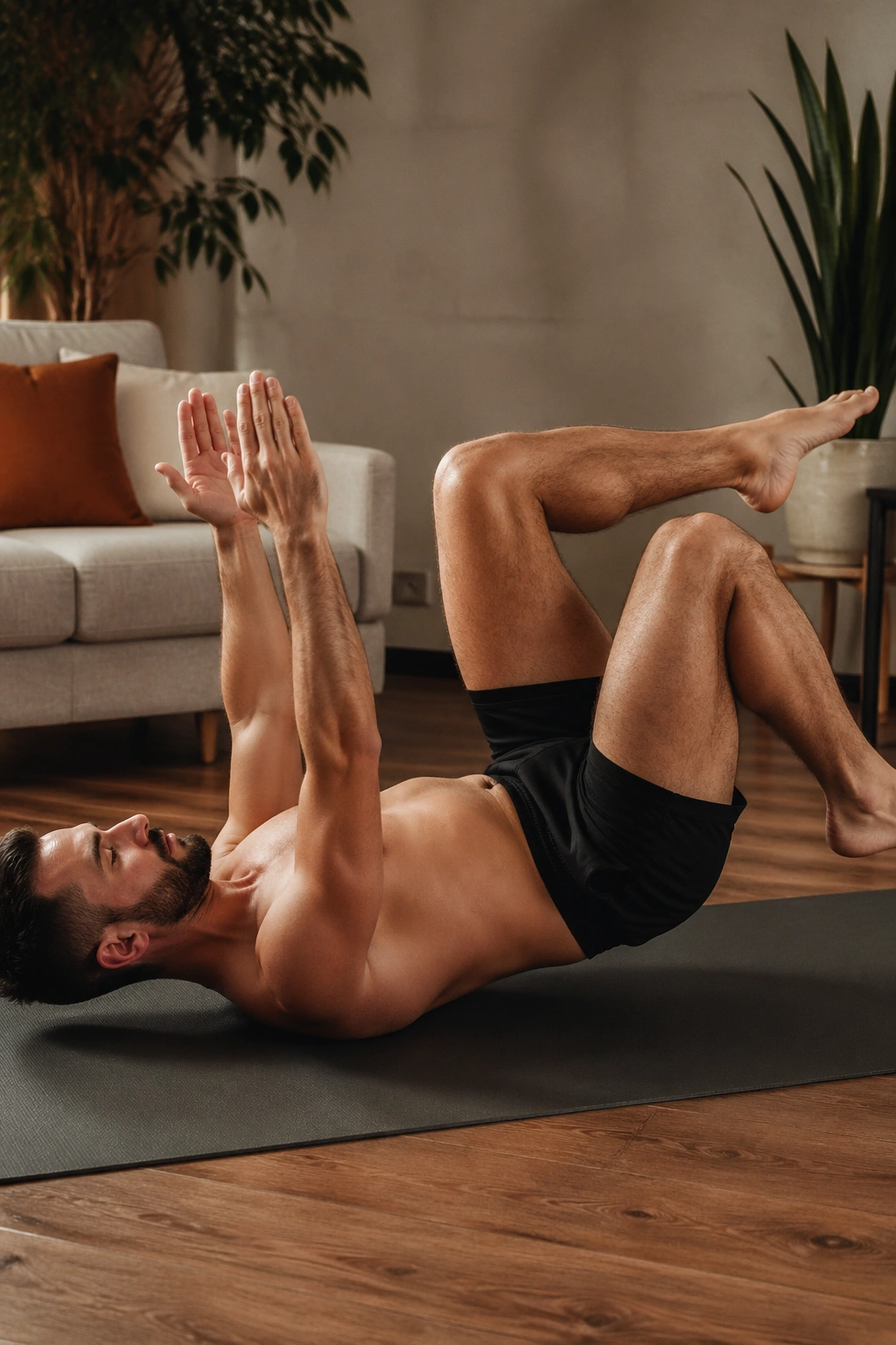Real person performing dead bug toe taps on a mat to stabilize the lower back