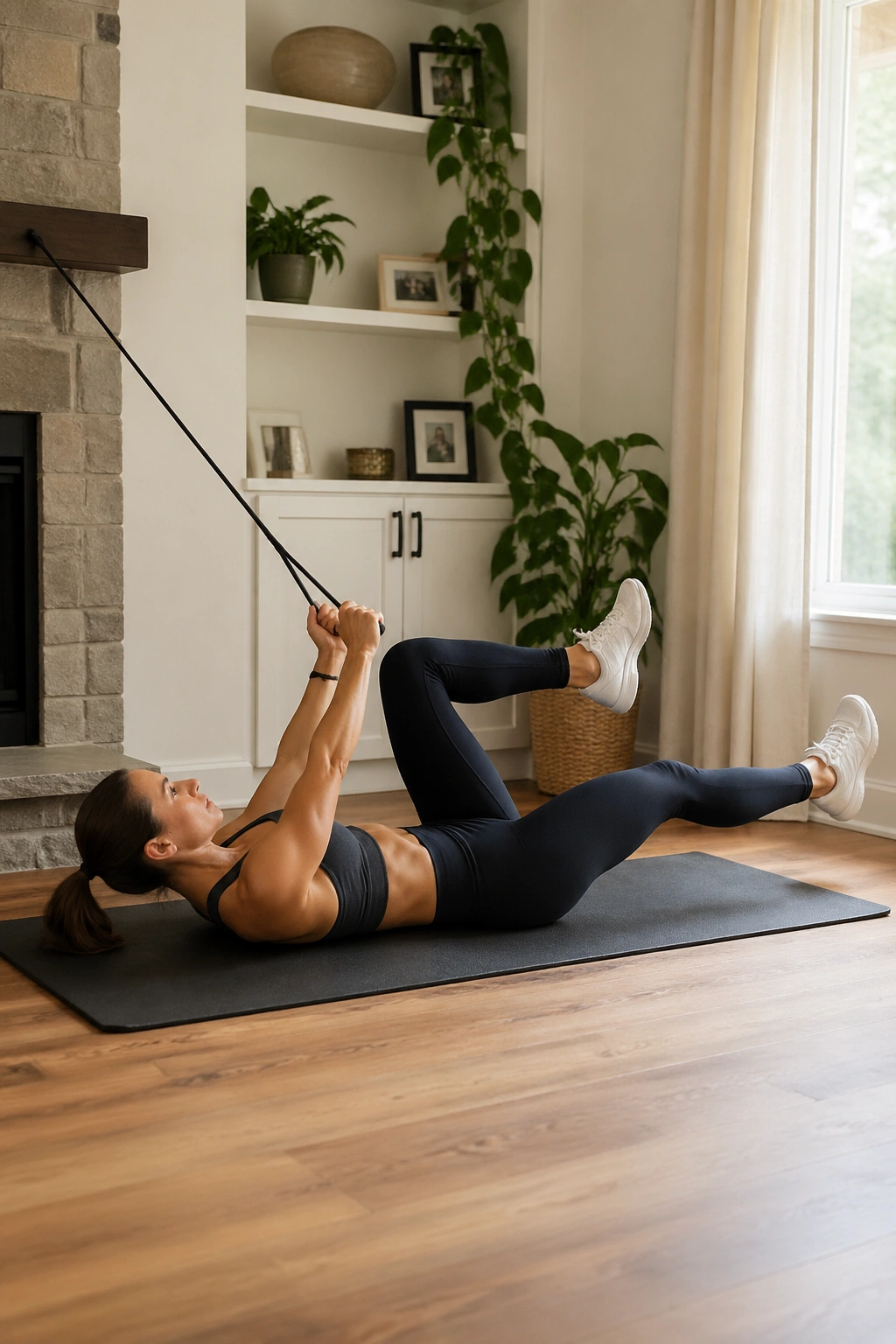 Mid-shot of a person performing dead bug with band pulldown
