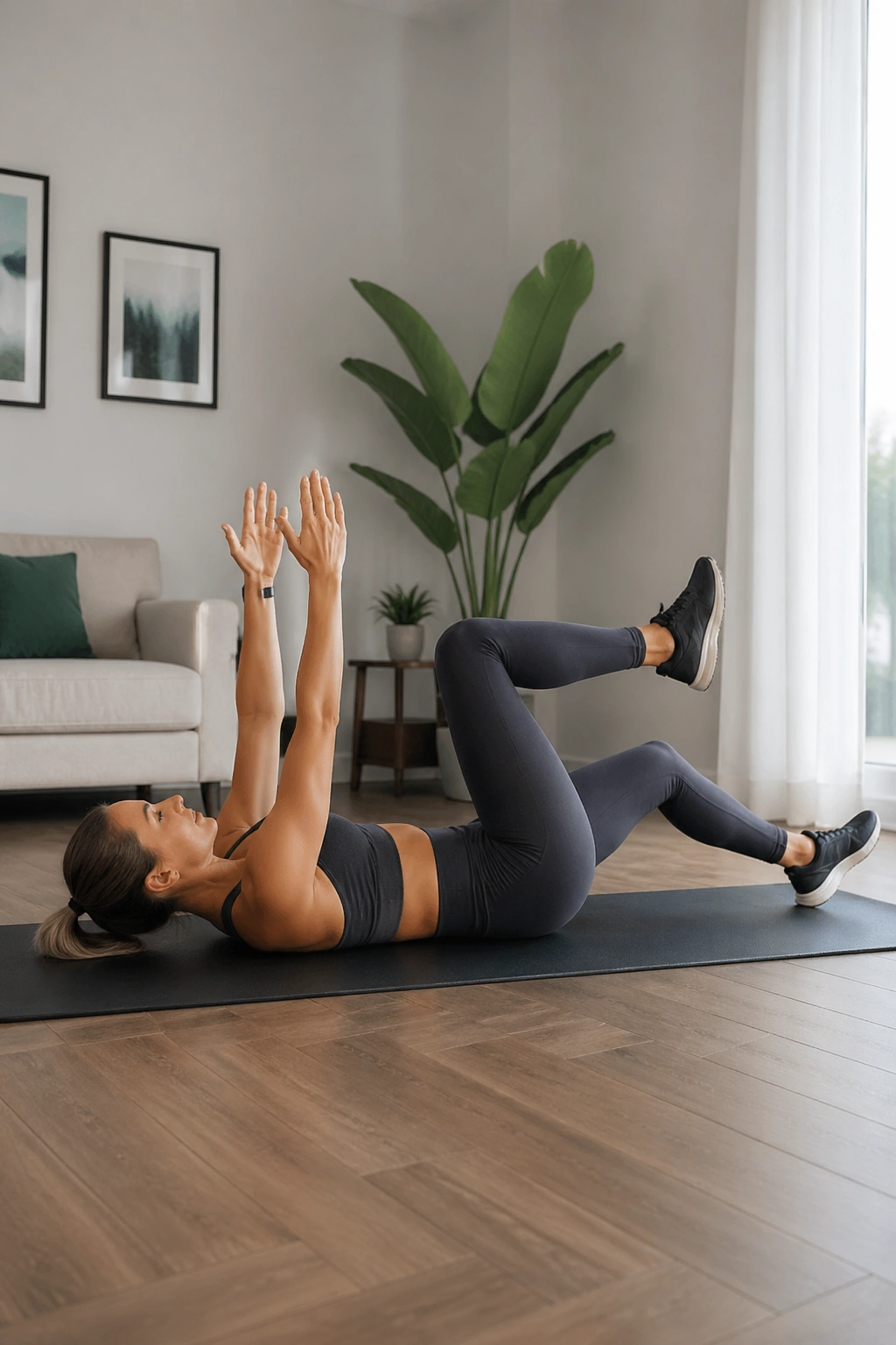 Person performing dead bug heel taps on a mat at home