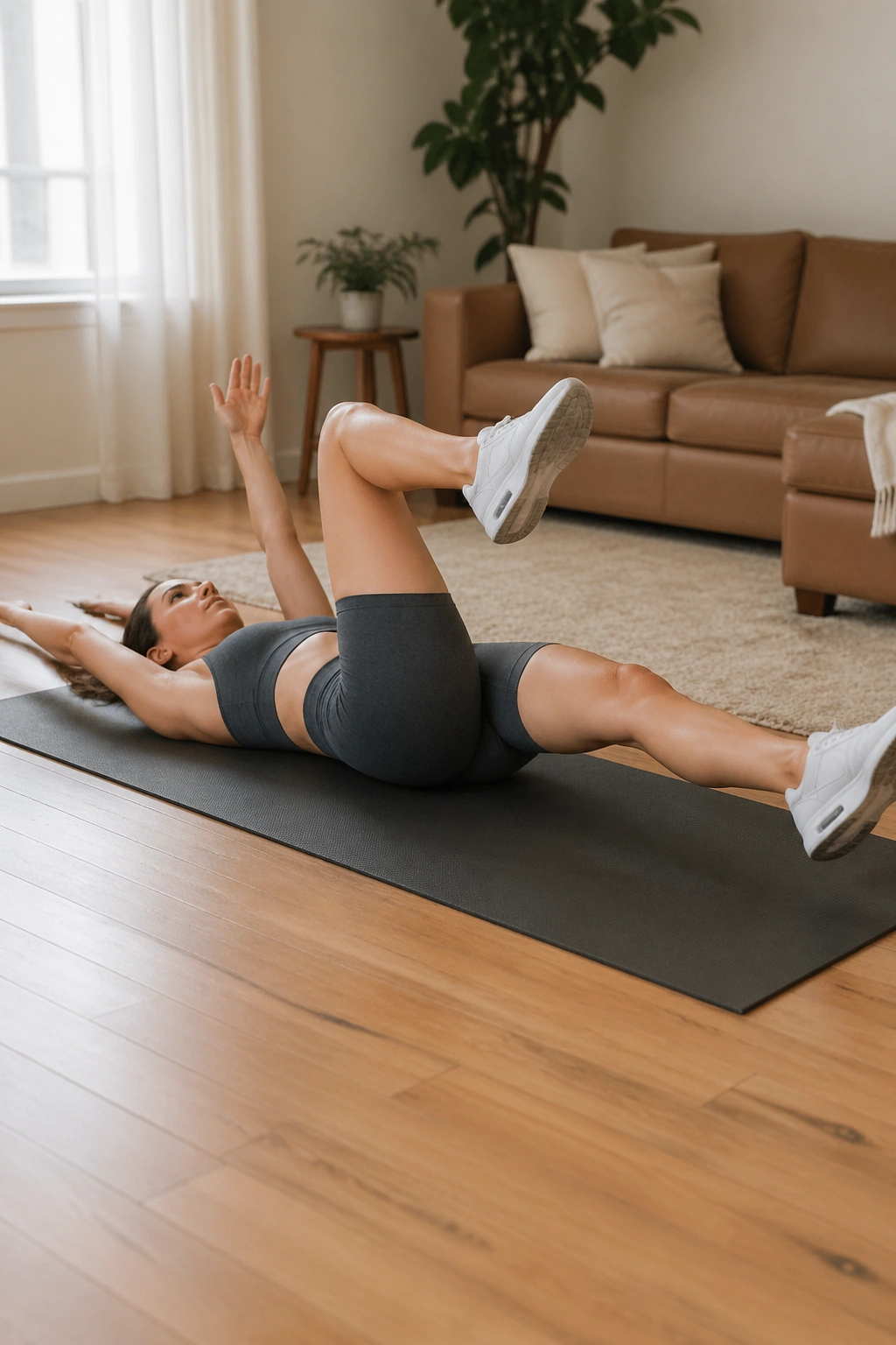 Close up of a person performing the dead bug with heel tap reach on a yoga mat, core bracing visible