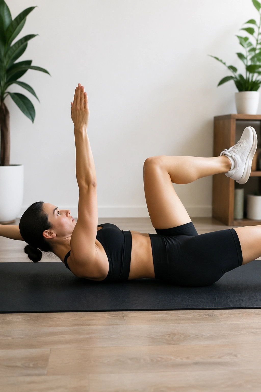 Close-up of a person performing the dead bug exercise.