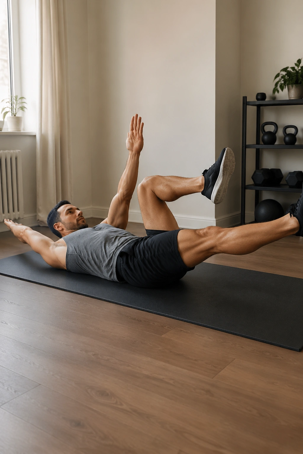 Person lying on mat performing dead bug with slow reach of arm and leg